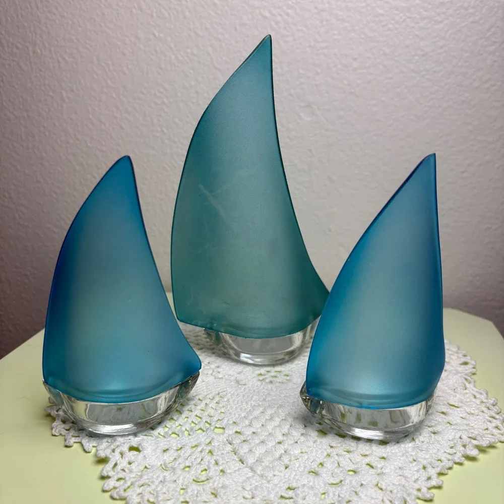 Design Ideas 3 Regatta Sailboat Votive Holders Blue Frosted Glass Nautical Decor
